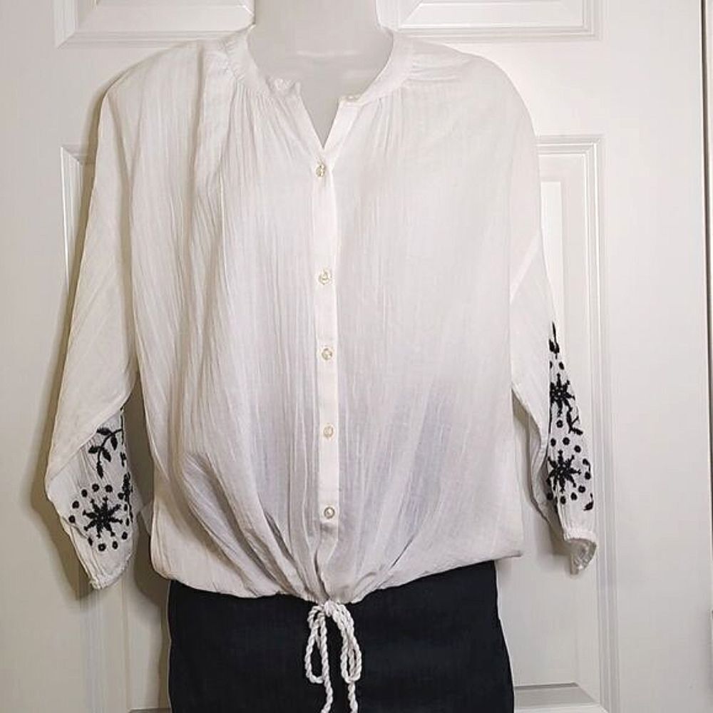 aerie White Button Front Tie Hem Blouse with Black Embroidery